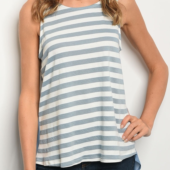 Classic Blue Striped Mixed Media Sleeveless Top - Picture 3 of 8